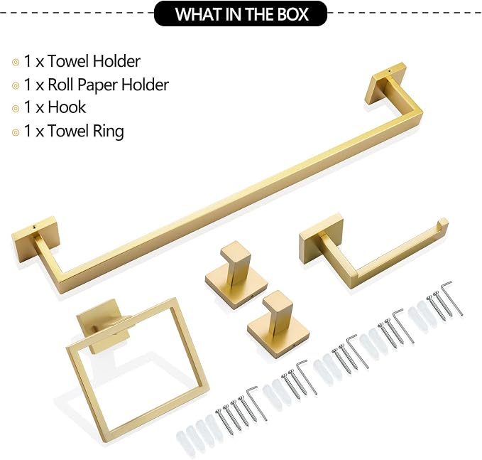 Brushed Gold Towel Bar Set Bathroom Hardware Set, 5 Pieces Gold Bathroom Accessories Set Stainless Steel Wall Mounted Towel Holder for Bathroom 23.6in
