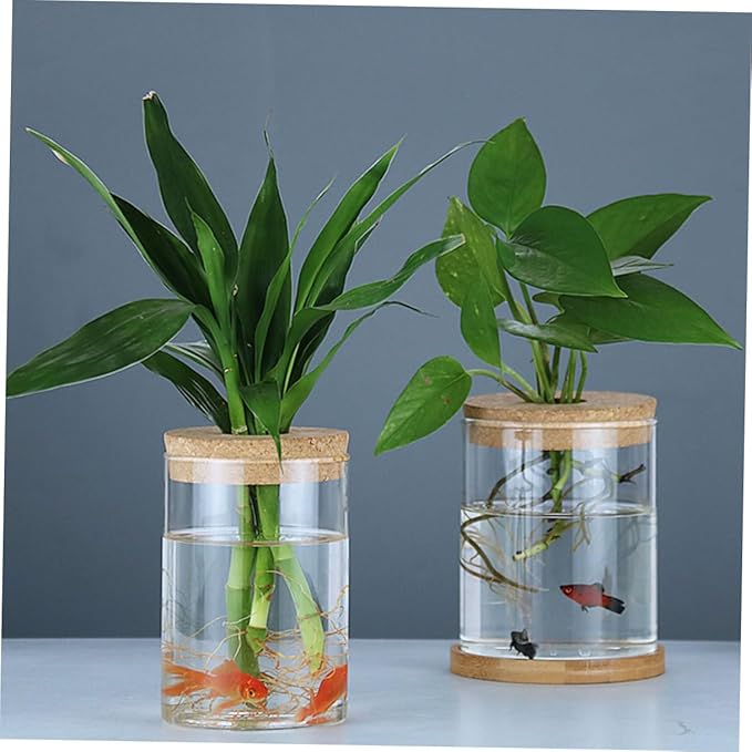 VILLCASE 2pcs Wood Art Glass Vase with Cork Stopper for Hydroponic Plants Decorative Flower Pot for Indoor Greenery Minimalist Plant Vase for Home and Office Decor