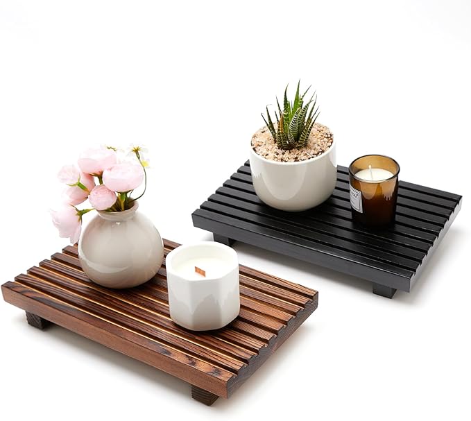 Farmhouse Bathroom Counter Organizer Wooden Display Pedesta Stand Small Kitchen Countertop Trays Decorative Wood Riser Dish Soap Dispenser Holder for Bathroom Decor Sink Accessories Vanity Tray