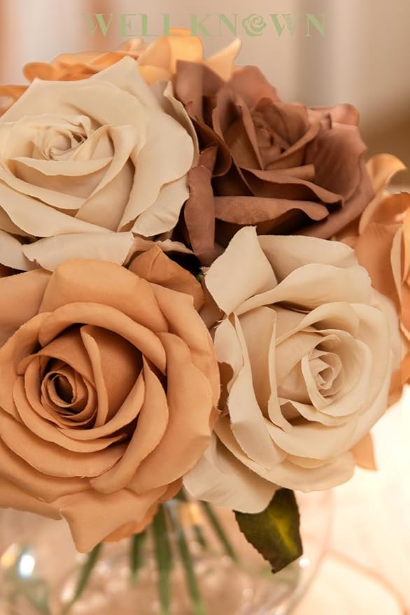 WELL KNOWN Silk Rose Artificial Flowers Arrangements with Vase, Artificial Coffee & Orange Rose Bouquet in Vase with Faux Water for Fall Home Party Wedding Table Centerpieces Decor & Gift (Earth)