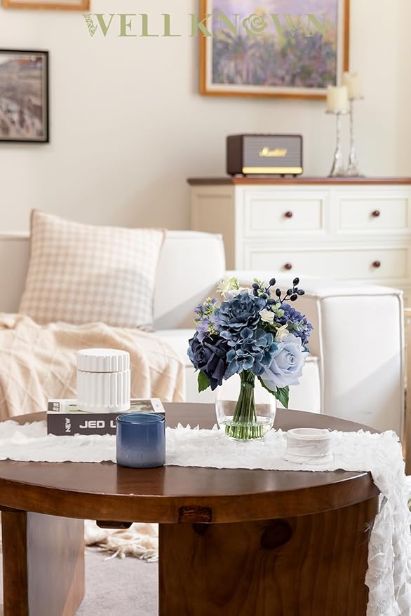WELL KNOWN Fake Flowers in Vase with Fake Water, Realistic Faux Silk Blue Rose Hydrangea Artificial Flowers Indoor Arrangements Centerpiece for Coffee Table Wedding Party Fall Home Decor (Navy Blue)
