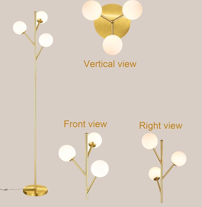 Ldeco Globe Mid Century Tree Floor Lamp with 3 Light Bulbs,70in Tall Standing Glod Floor Lamp with Frosted Glass Shade for Living Room,Office,Bedroom, Study Room, Hotel, Antique Brass Lighting