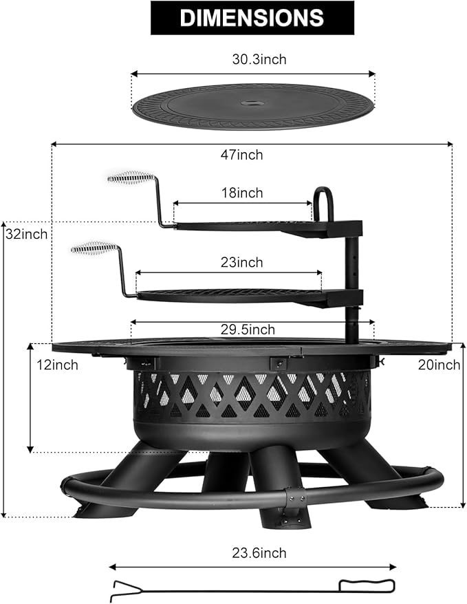 Panovue 47 Inch Outdoor Wood Burning Fire Pit with 2 Grills,Extra Large 3-in-1 Fire Pit with Metal Lid & Fire Poker, Heavy Duty BBQ Firepits for Outside, Backyard, Bonfire, Patio & Party (47'' Black)