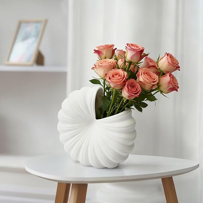 White Shell-Shaped Ceramic Vase for Flowers, 8 Inch Nordic Flower Vases