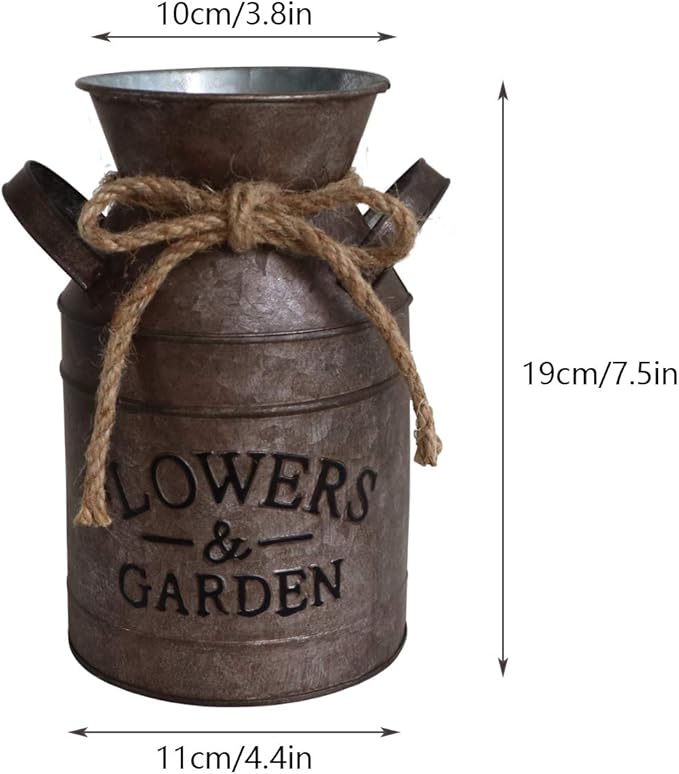 HyFanStr Shabby Chic Metal Flower Vase Rust Painted Decor Milk Can Bucket Country Primitive Jug Farmhouse Decoration Large