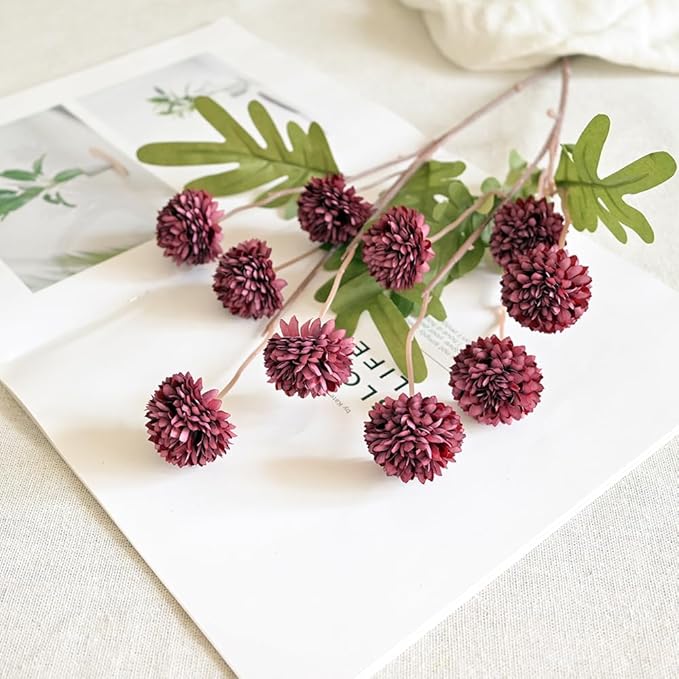Laelfe 5Pcs Burgundy Flowers Artificial Pompon Mum, Fake Kiku Flowers Silk Small Mini Chrysanthemum Ball Faux Mum Decor for Autumn Filler DIY Bouquet Centerpieces Arrangements Shower(Burgundy)
