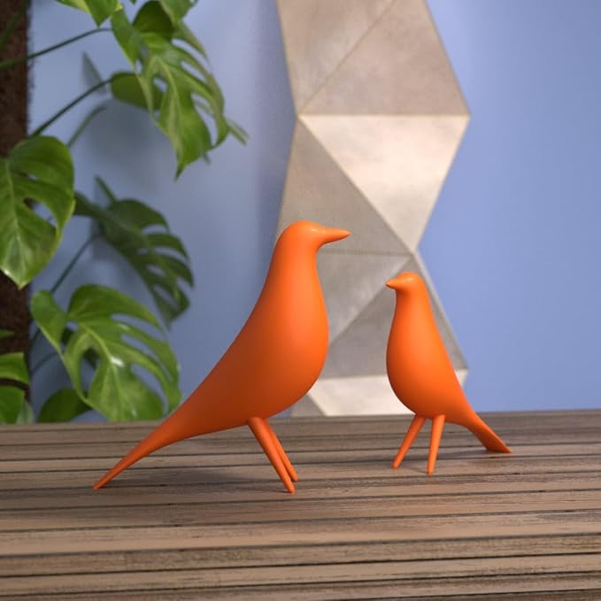 Mid Century Modern Retro Style Bird Family Decor Vintage Look Figurines 1960s 50s MCM Midmod Set of 2 Office Decoration Home Living room Gift (Orange)