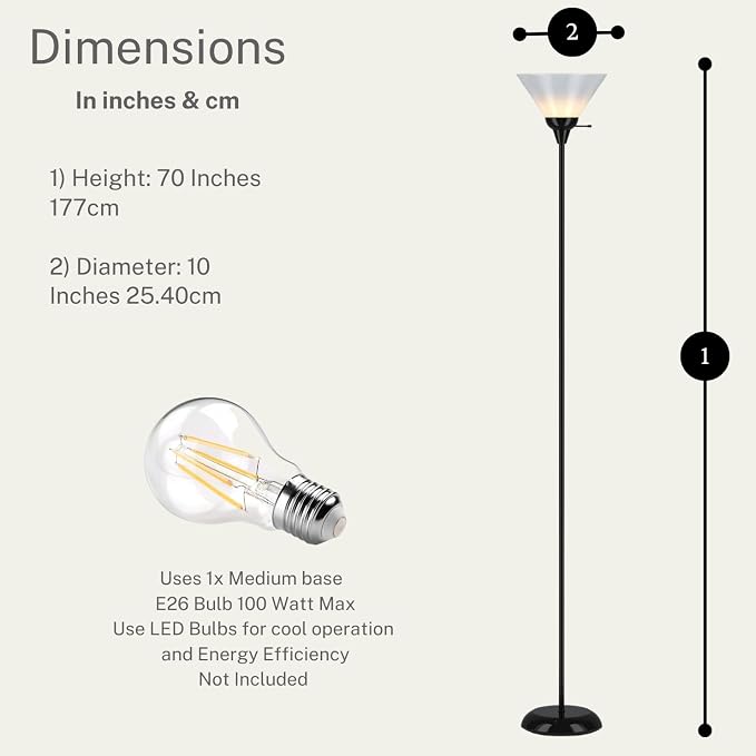 Mary Floor Lamp by Light Accents – Standing Lamp for Living Rooms – Torchiere Pole Light – LED-Compatible Floor Lamp – Modern Bedroom Lighting (Black)