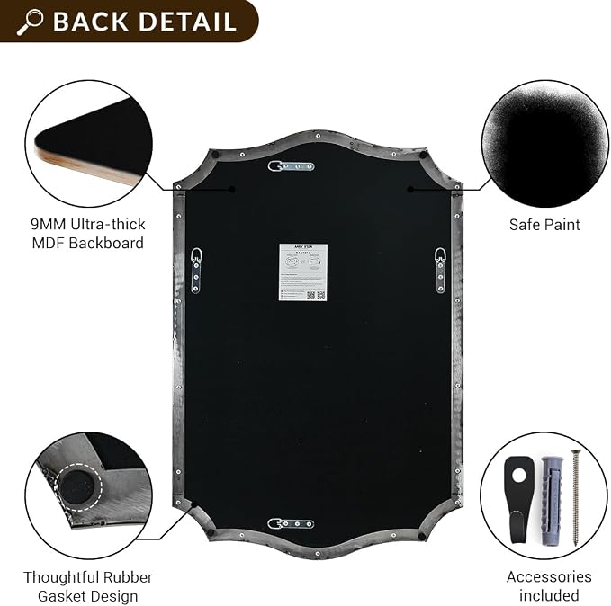 ANDY STAR 28x36 Inch Brushed Nickel Mirror, Scalloped Bathroom Mirror for Wall, Silver Vanity Mirror with Rust-Proof Stainless Steel Frame, Sophisticated Curved Design Ideal for Home Remodel