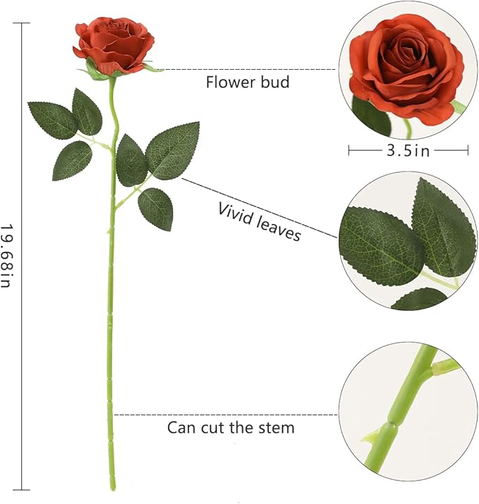 Veryhome 10pcs Artificial Rose Flower Bouquet Faux Rose with Stems for Wedding Arrangement, Bridal Bouquet, Centerpiece, Fake Faux Silk Flowers (Burnt Orange)