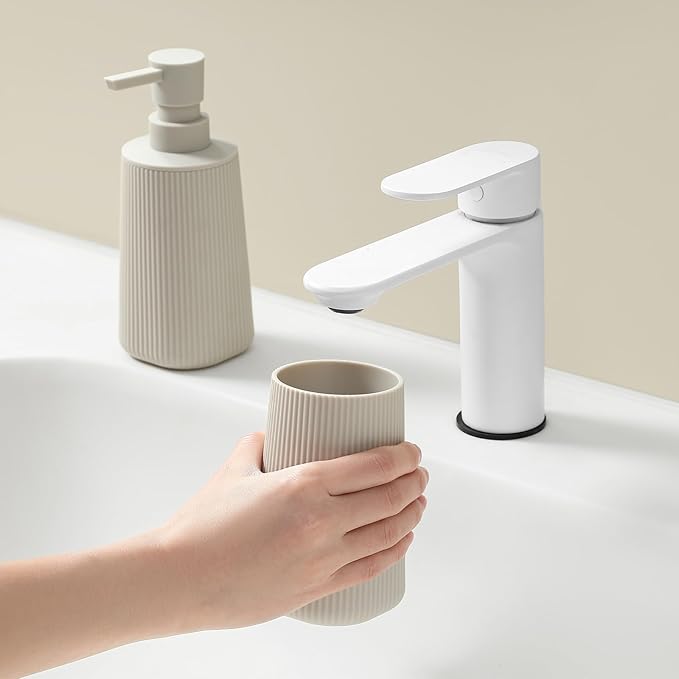 YAUKPH Bathroom Accessories Set 2 Piece Soap Dispenser and Toothbrush Holder for Bathroom Countertop Striped Beige