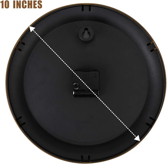 Plumeet Small Metal Wall Clock, 10'' Non Ticking Classic Silent Iron Wall Clocks Decorative Kitchen Living Room Bedroom, Arabic Numerals, Battery Operated (10'', Brown)