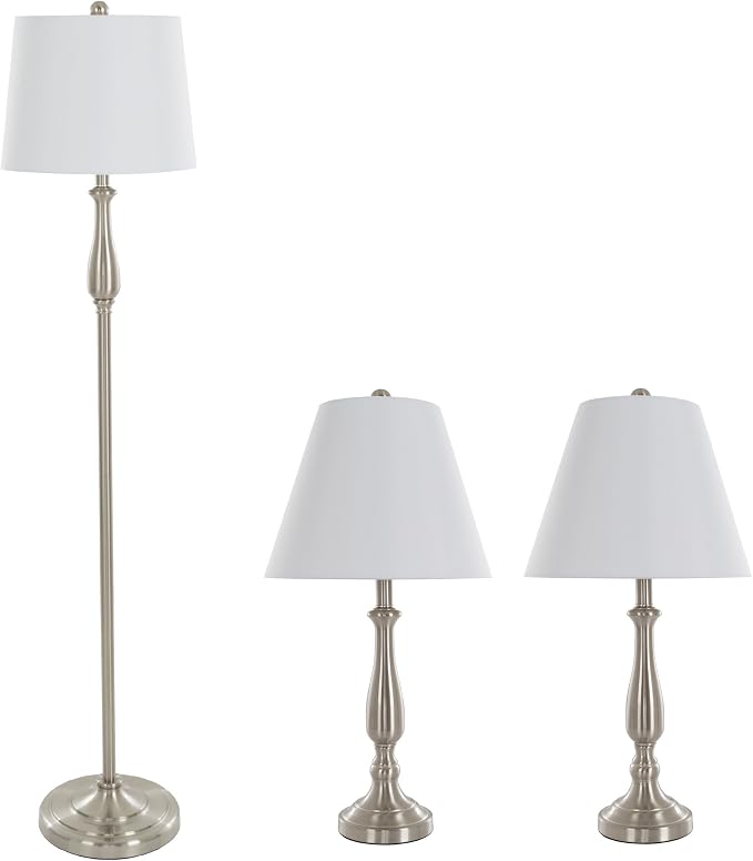 3-Piece Home Lighting Set - Coordinating Bundle with 2 Table Lamps and 1 Floor Lamp for Home and Office Decor by Lavish Home (Silver)