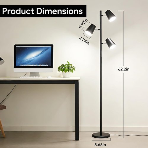 Energetic Dimmable Floor Lamp - Modern LED Tree Design with 5 Color Temperatures | Adjustable Heads for Bedroom & Living Room - Black
