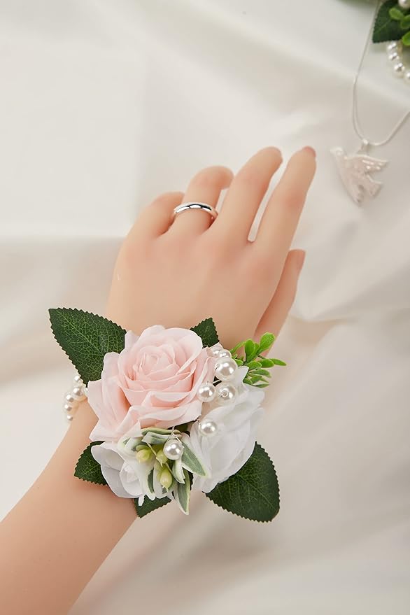 Meldel Wrist Corsage for Wedding White and Pink Rose, Set of 6, Wrist Corsages for Bride Bridesmaid Mother Wrist Flower Girl Women Prom Party, Homecoming Ceremony Anniversary