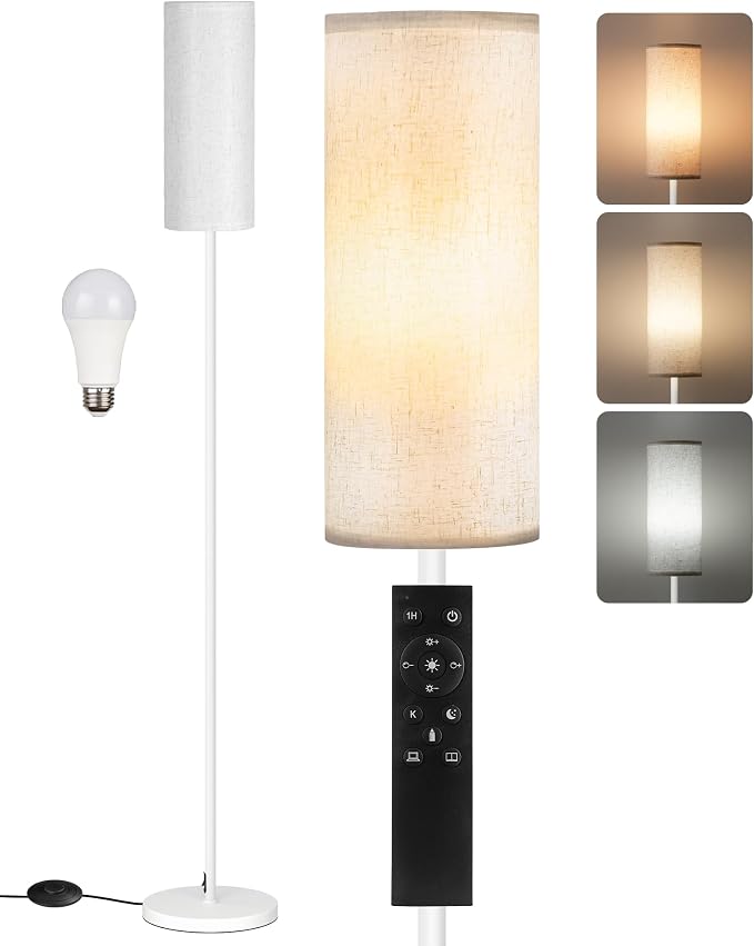 White Floor Lamps for Living Room with Remote and Foot Switch, 64.4” Modern Standing Tall Lamp, Dimmable Corner Lamp for Bedroom, Office, Bulb Included, 3000K-6500K, FCC Listed WW06LD05W1