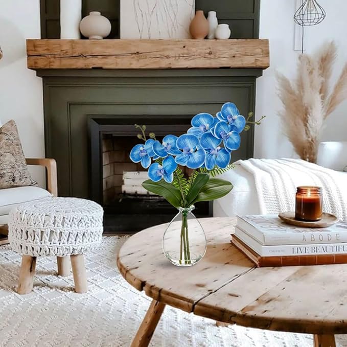 Oairse Blue Orchids Artificial Flowers, Faux Orchid in Glass Vase Real Touch Small Phalaenopsis Orchid Flowers Arrangements with Clear Vase Orchids Centerpiece for Dining Room Table