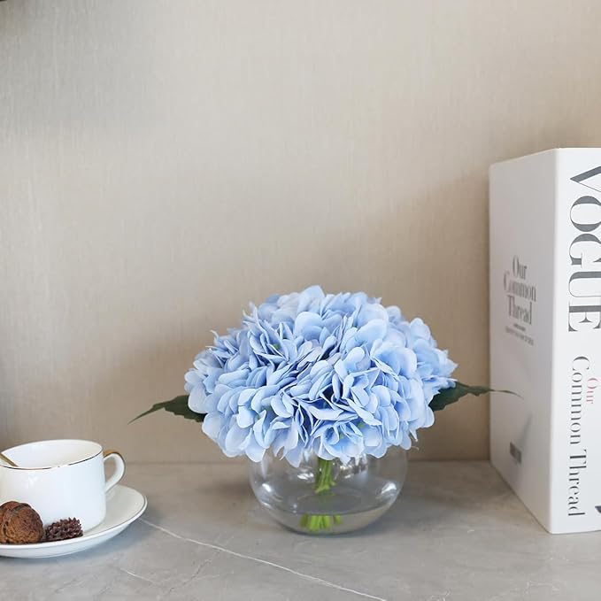 Hydrangea Fake Flowers in Vase, Silk Flowers in Vase with Faux Water for Home Decor Indoor (Blue)
