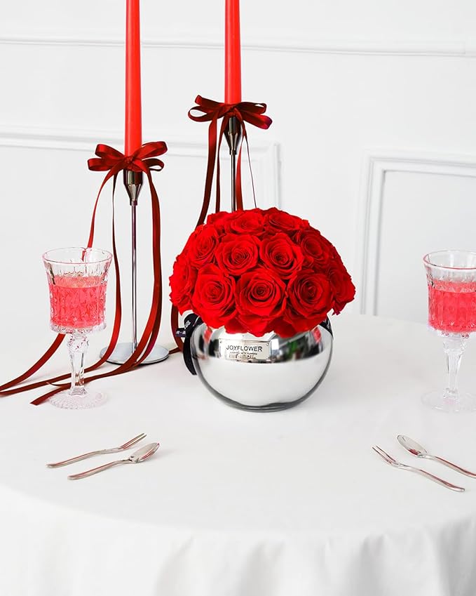 JoyFlower Preserved Flowers for Home Decor, Eternal Flower Real Roses with Glass Vase for Wedding House Bedroom Dining Living Room Office Table Centerpiece Decoration, Housewarming Party Gifts(Red)