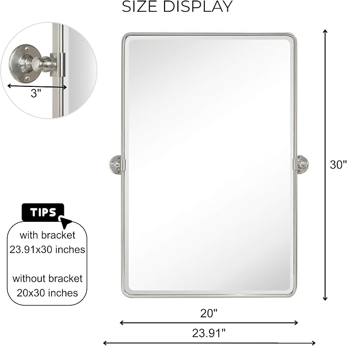 Farmhouse Pivot Rectangle Bathroom Mirror Brushed Nickel Metal Framed Tilting Beveled Vanity Mirrors for Wall, Overall 23.91 x 30 inches (Mirrror 20 x 30 inches)