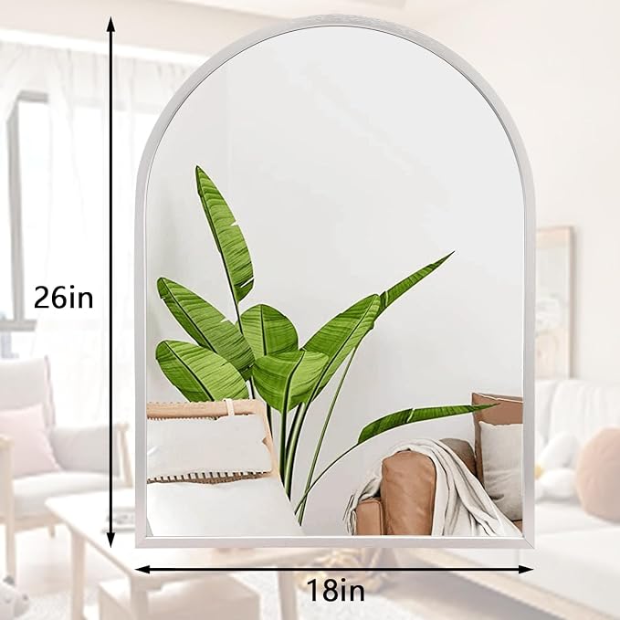 Arched Bathroom Mirror, Silver Metal Frame Wall Mounted Mirror Vanity Wall Mirror for Bedroom Entryway Living Room Vanity 26"x18"