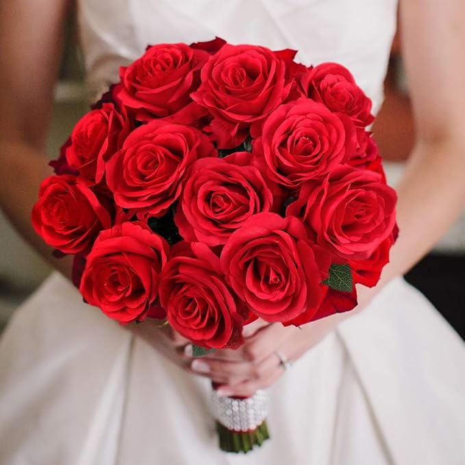 Mocoosy 12PCS Red Roses Artificial Flowers, Fake Roses with Long Stems Realistic Silk Rose Bouquets Wedding Centerpiece Decorations Faux Floral Arrangements Bridal Shower Party Home Office Table Decor