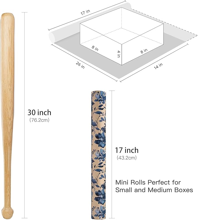 RUSPEPA Blue Floral Gift Wrapping Paper, Indigo Gift Wrap, Watercolor Flower Kraft Paper Roll, Mini Roll Wrapping Paper for Girls, Women, Spring and Birthday, 17 in x 32.8 ft
