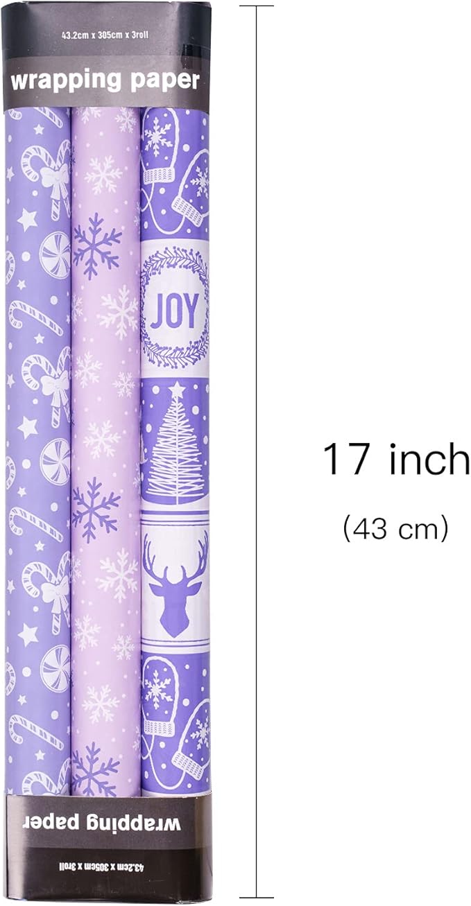 LeZakaa Christmas Wrapping Paper Mini Roll - Bell & Tree/Candy Canes/Snowflakes Design in Light Purple for Gift Wrap, Arts Crafts - 17 x 120 inches - 3 Rolls (42.5 sq.ft.ttl.)