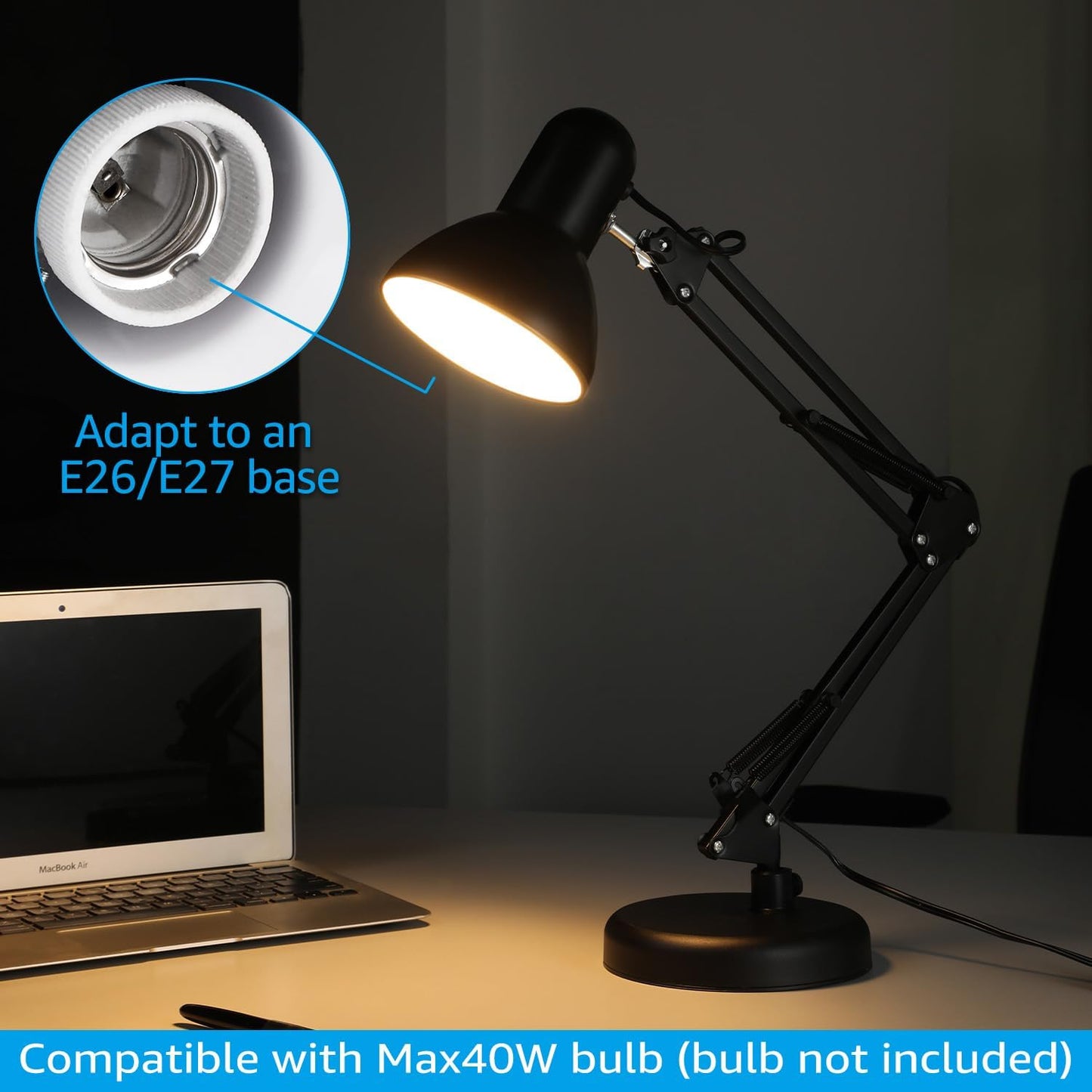 TORCHSTAR Adjustable Metal Desk Lamp - Clamp-On Gooseneck Light for Home Office & Study | Black
