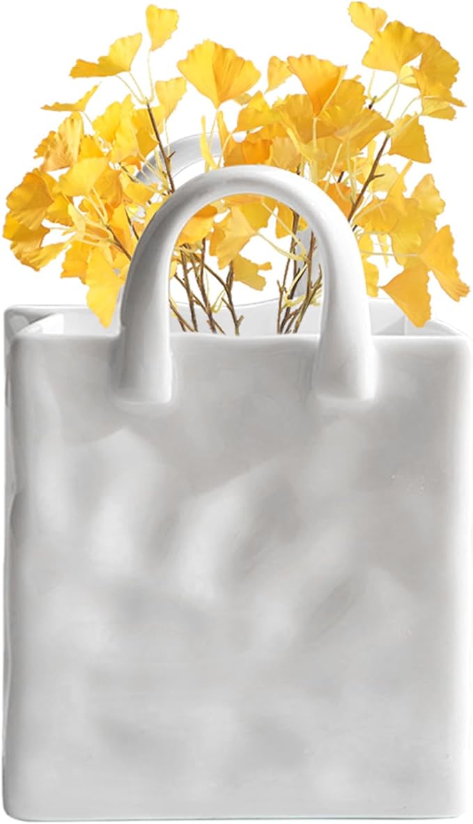 Ceramic Flower Vase - Tote-Shaped Retro Tabletop, Elegant Decorative Vasse with Smooth Glazed Finish | Cute Vintage-Style Ceramic Decor for Living Room, Bedroom & Home Interior Styling