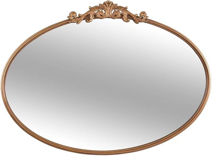 OUSHUAI Gold Oval Mirror for Wall,Baroque Fireplace Decor,Brass Wall Mirror,Victorian Vintage with Full Matel Frame,Ornate Entryway/Bathroom/Living Room/Hallway 36''X24'' (XD-004ZM)
