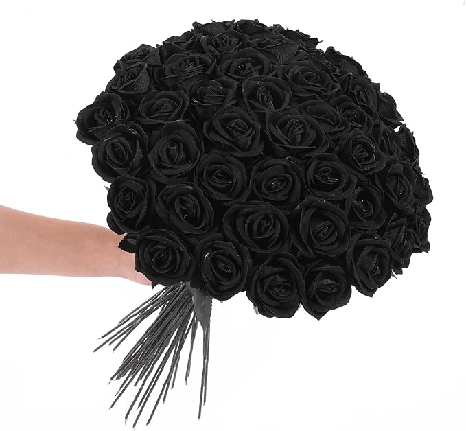 12Pcs Black Roses Artificial Flowers Fake Rose Faux Velvet Silk Flowers for Home Wedding Decoration (Pearl Roses, Pure Black)