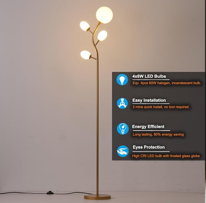 Fiqevs 4 Globe Floor Lamp, Modern Gold Tree Standing Lamp with Warm Light LED Bulbs and Sphere Frosted Glass Shade, Mid Century Sputnik Tall Lamp for Living Room, Bedroom, Office, Antique Brass