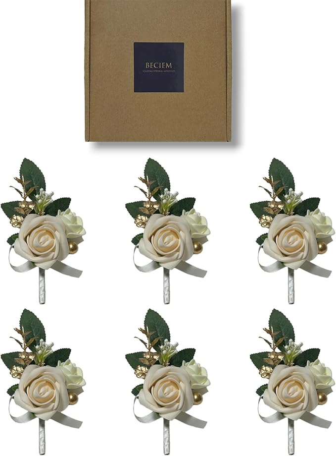 6PCS White Boutonniere for Men, Ivory Boutonniere Pins for Men Groomsmen Guest Boutonniere, Artificial Flowers for Wedding Decor Prom Homecoming