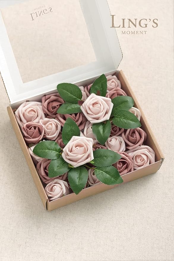 Ling's moment 1.5/2 inch Artificial Rose Taupe & Nude Buds and Petite Roses w/Stem 25pcs for DIY Wedding Boutonniere Corsages Bouquets Centerpieces Decorations