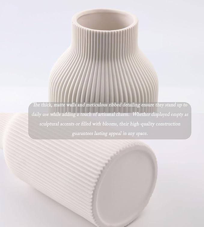 10 Inch White Ceramic Vase for Decor,Minimalist Modern Home Decorative Large Flower Vase for Pampas Grass,Bookshelf, Living Room, Shelf, Bedroom, Bathroom, Entryway Mantel Decor
