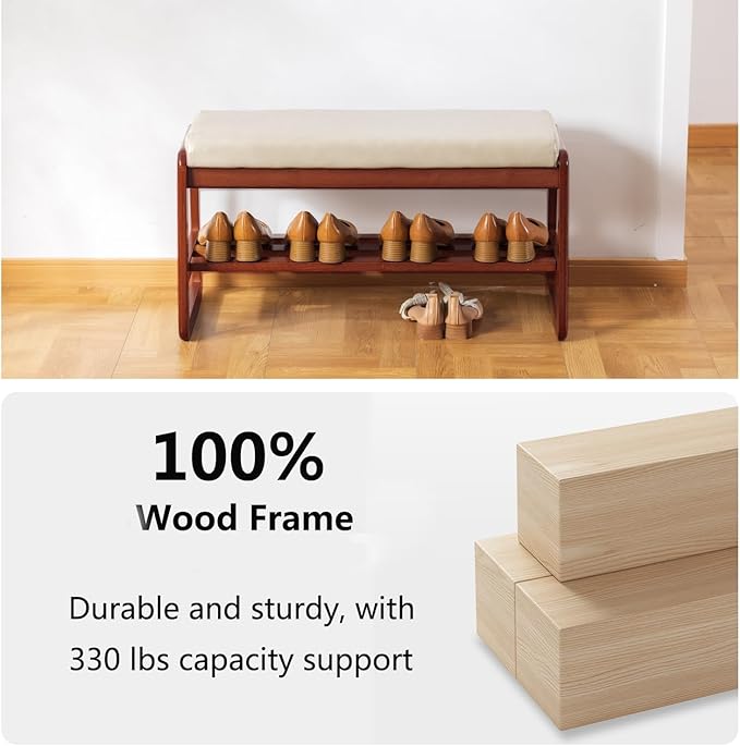 SOBIBO Solid Wood Shoe Bench, 2-Tier Wooden Entryway Bench, Modern Shoe Rack with Faux Leather Cushion for Hallway, Living Room (Gray, 31.5'')