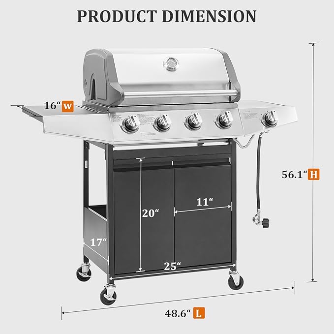 Unovivy 4-Burner Propane Gas BBQ Grill with Side Burner & Porcelain-Enameled Cast Iron Grates Built-in Thermometer, 49,000 BTU Outdoor Cooking, Patio, Garden Barbecue Grill, Black and Silver