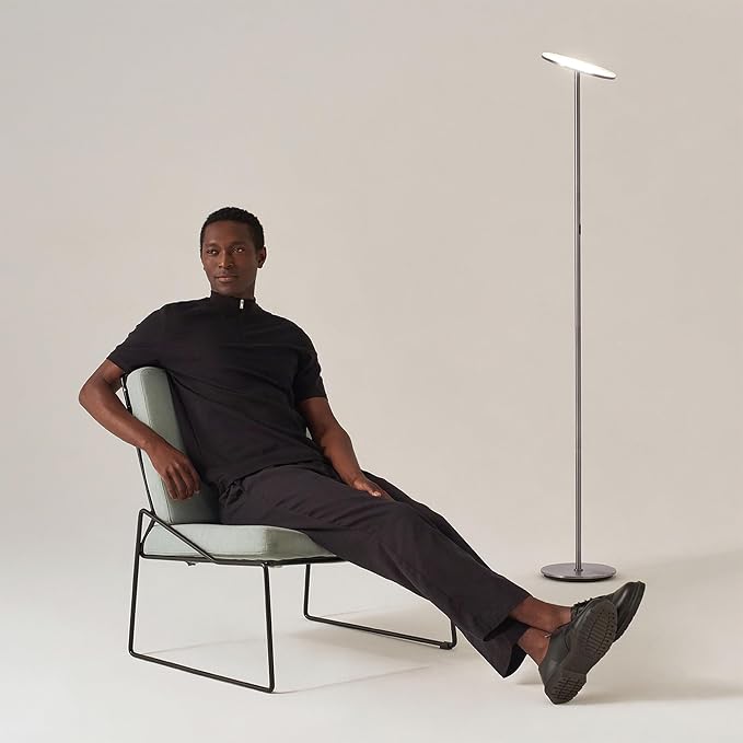 Brightech Sky LED Floor lamp, Torchiere Super Bright Floor Lamp for Living Room Decor & Office - Dimmable, Tall Standing Lamp with Warm Light for Bedroom & Reading - Brushed Nickel
