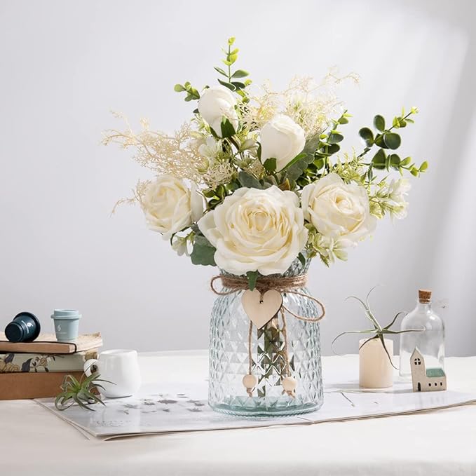 Silk Rose Flowers in Vase, Artificial Flowers Arrangement with Glass Vase Faux Rose for Decoration Table Centerpiece (White Rose)