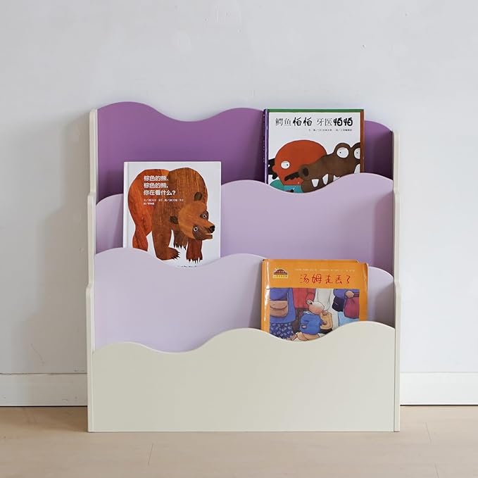 Kids Bookshelf Montessori Shelf for Toddlers, Front-Facing Book Organizer for Children, Pastel Nursery Floor Bookshelf, Wave Design Reading Corner Display Rack