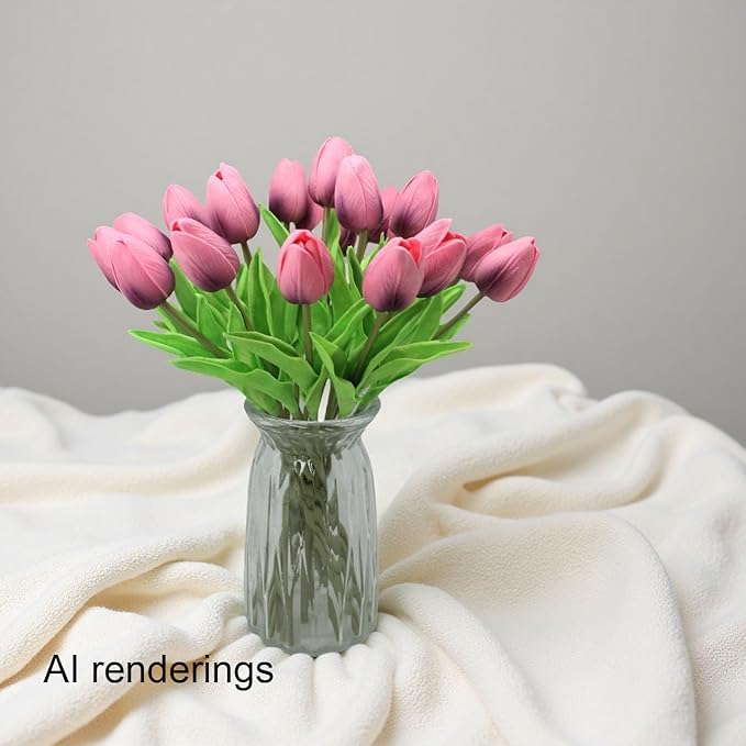 Artificial Flowers 10 Heads Mini Real Touch Artificial Tulip for Home Wedding Party Centerpiece Decoration (Dark Berry Pink)