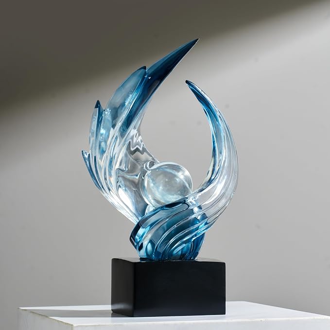 Modern Abstract Resin Sculpture, 11" H x 5.1" W Transparent Navy Blue Art Statue for Home Decor, Office Desk Living Room Bookshelf TV Stand Centerpiece Decorations, Unique Gift Idea