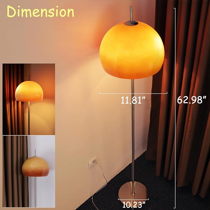 MIXL-Orange Mushroom Floor Lamp,Chrome Floor Lamp with Foot Switch,Dimmable Standing Lamp with Dome Shade,Mid-Century Modern Reading Lamp for Living Room Bedroom and Office