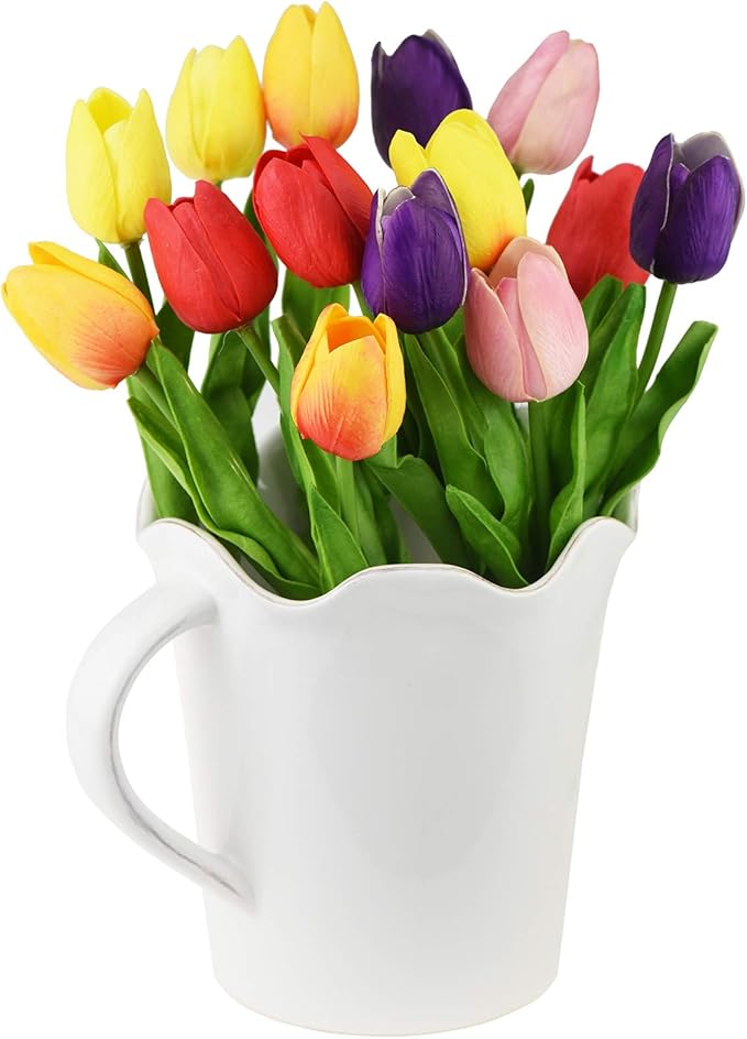 FiveSeasonStuff Real Touch Tulips Artificial Flowers – 15 Stems Faux Tulip Bouquet in Gift Box for Wedding, Home Decor, Party, Floral Arrangements (Rainbow Colors)
