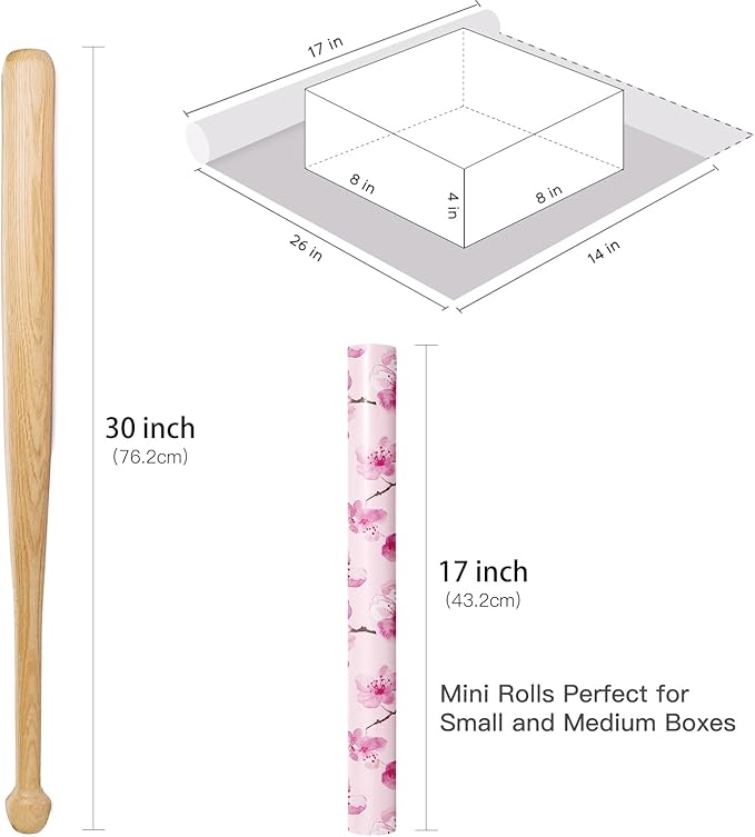RUSPEPA Floral Wrapping Paper Roll for Women Girls, Mini Roll, Pink Sakura Cherry Blossom Flower Gift Wrap Paper Perfect for Birthday, Spring, Wedding, Bridal Shower, Mother's Day, 17 Inch x 16.4 Feet