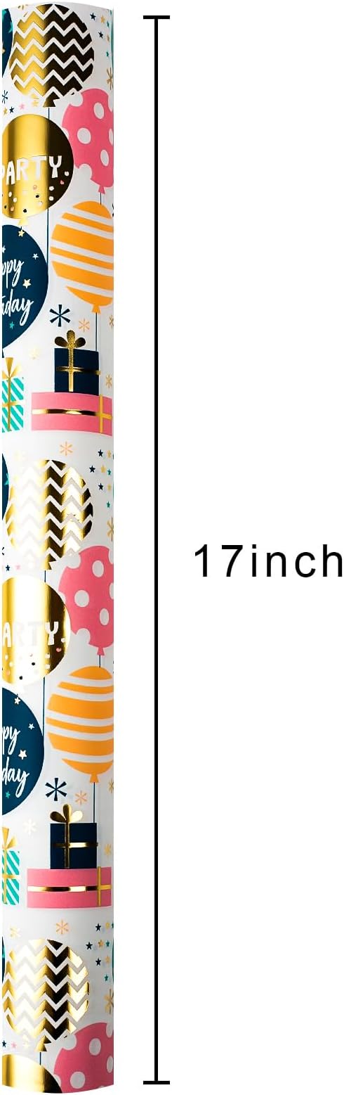 Homeral Birthday Wrapping Paper Roll - Cute Colorful Balloon with Gold Foil Metallic Shine Gift Wrap Paper for Birthday, Baby Shower, Party - Mini Roll - 17 Inch x 33 Feet