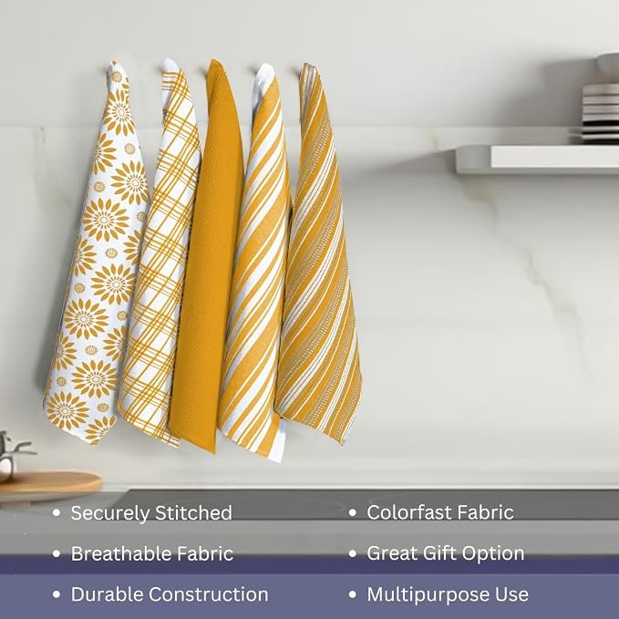 Assorted Kitchen Towels Set of 5-100% Cotton Dish Cloths Towels with Hanging Loop - Soft, Absorbent & Washable for Kitchen Use - Quick Drying Dish Towels 16x26 Inch Mustard Yellow