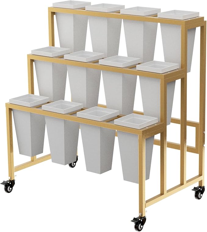 Flower Display Stand with 12 Buckets, 3 Layers Flower Bar, Gold Metal Plant Stand with Wheels, Heavy Duty Flower Cart for Indoor Outdoor Patio Garden Wedding Florist, Gold Metal Frame