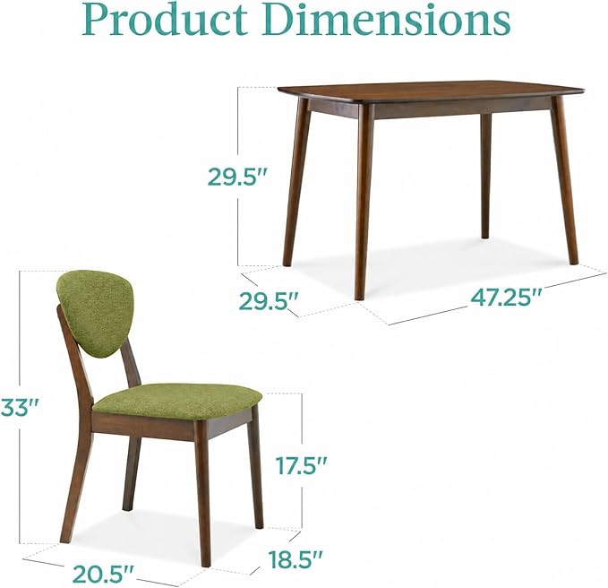 Best Choice Products 5-Piece Dining Set, Compact Mid-Century Modern Table & Chair Set for Home, Apartment w/ 4 Chairs, Padded Seats & Backrests, Wooden Frame - Walnut/Olive Green
